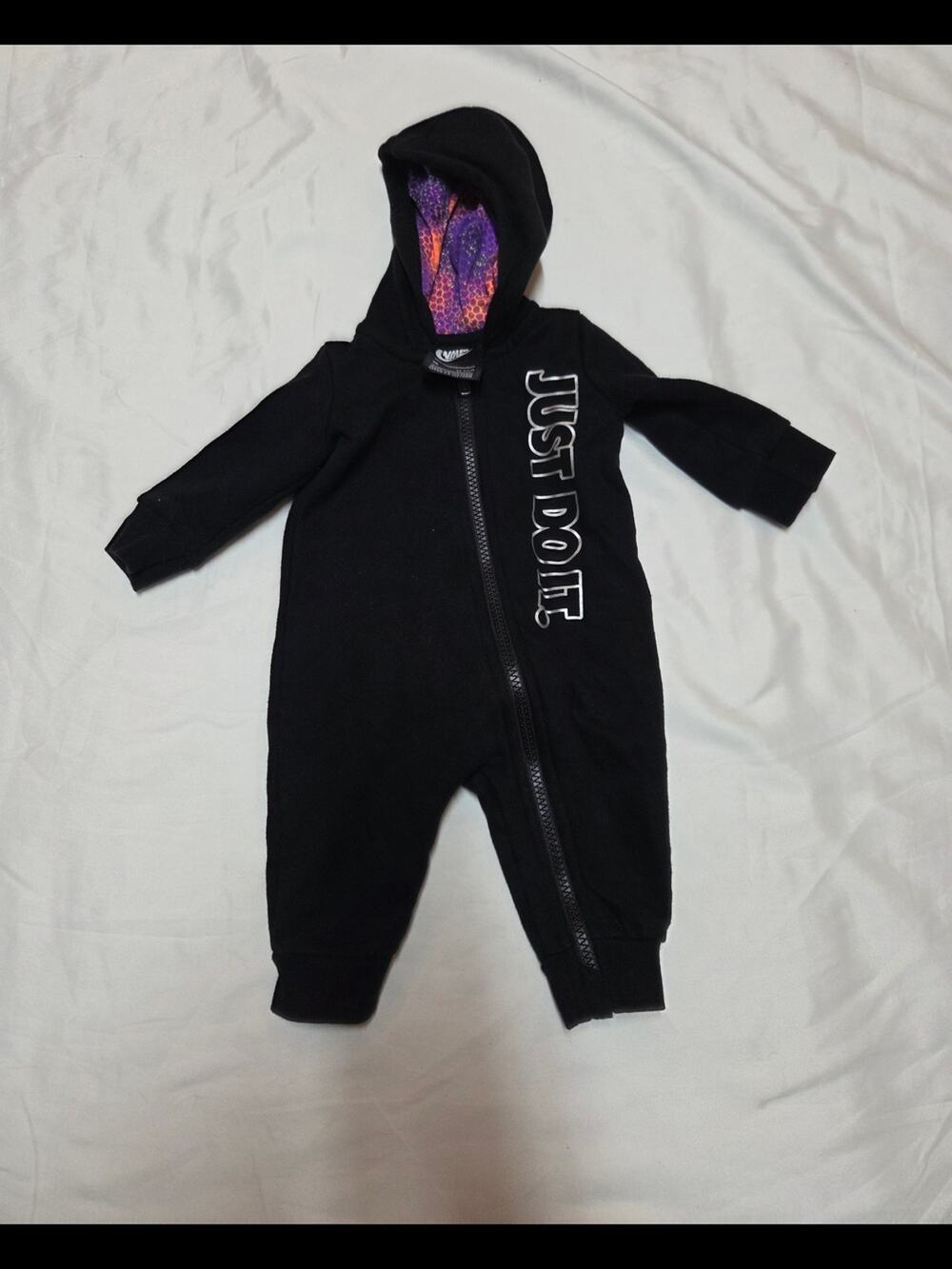 Nike Black Kids 'Just Do It' Hooded One-Piece with Purple Accent